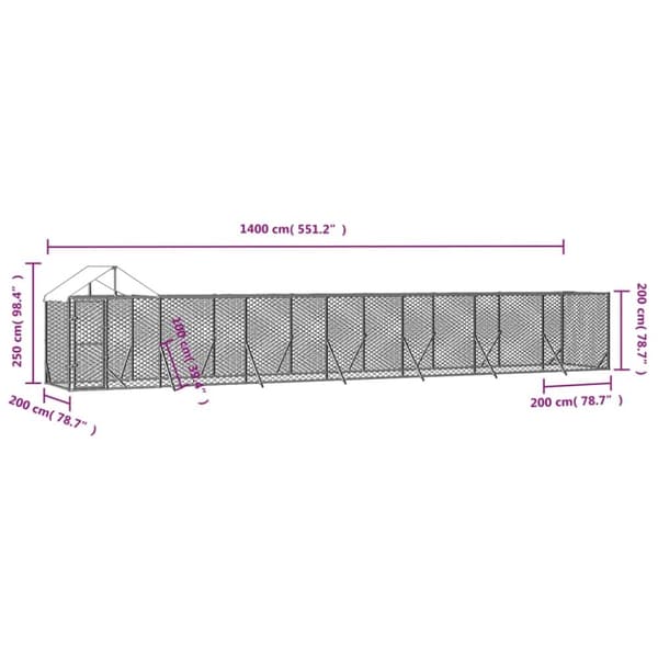 vidaXL Koiran ulkohäkki katolla hopea 14x2x2,5 m galvanoitu teräs