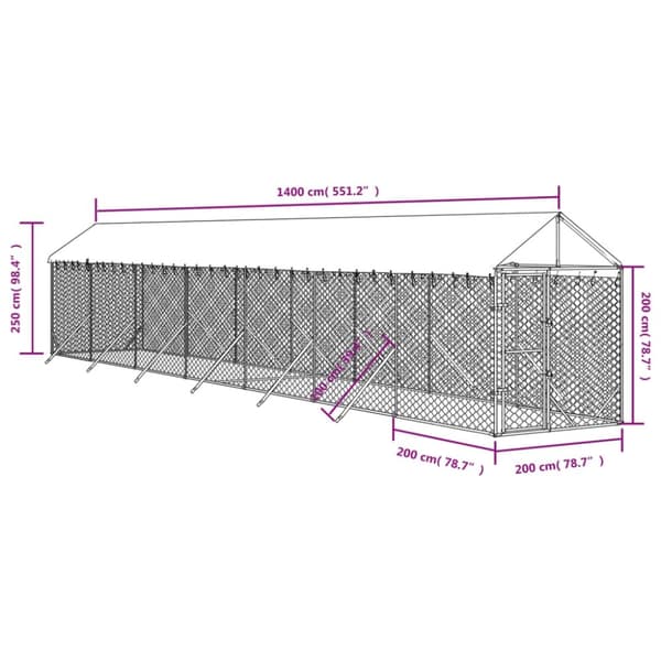 vidaXL Koiran ulkohäkki katolla hopea 2x14x2,5 m galvanoitu teräs