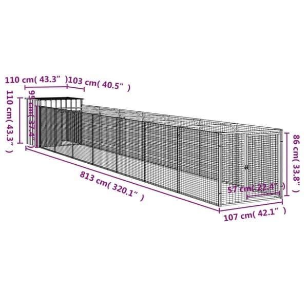 vidaXL Hundehus med gård antrasitt 110x813x110 cm galvanisert stål