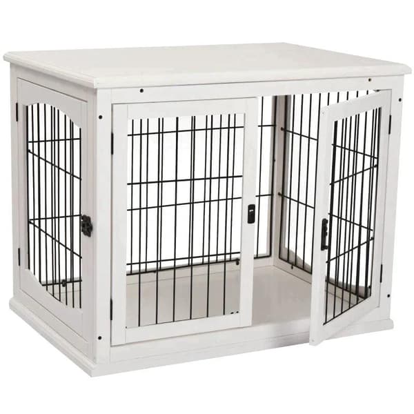 Rootz Hundebur - Hundeholder - Kæledyrsbur - Låsende 3-døre - MDF træ - Hvid - 58,5 cm x 81 cm x 66 cm