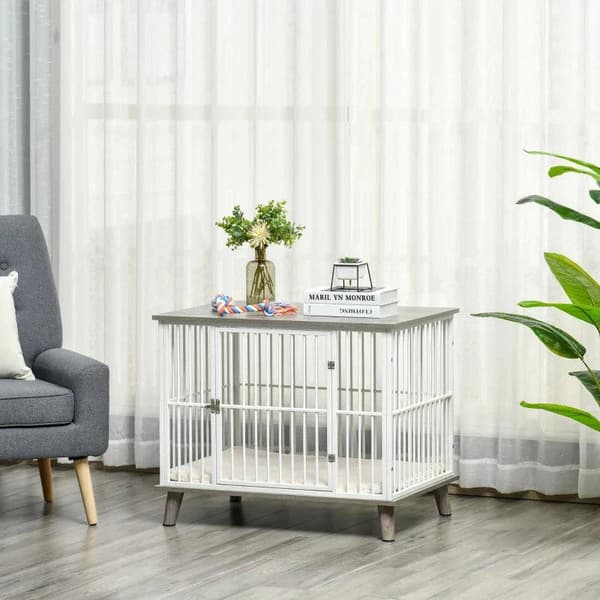 Rootz Hundebur - Hundebur i træ med pude - Dekorativ hundebur - Kæledyrsbur til små mellemstore hunde - Træ - Stål - Hvid + Grå - 86 cm x 60 cm x 70 c