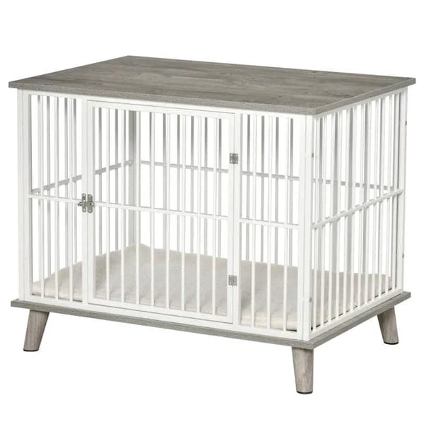 Rootz Hundebur - Hundebur i træ med pude - Dekorativ hundebur - Kæledyrsbur til små mellemstore hunde - Træ - Stål - Hvid + Grå - 86 cm x 60 cm x 70 c