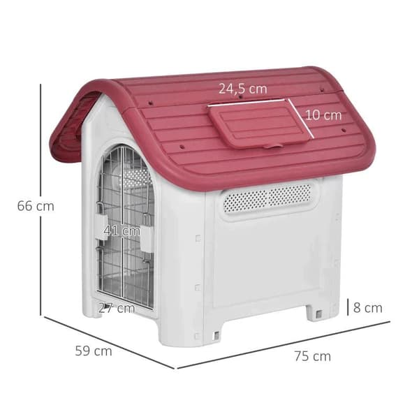 Rootz Dog House - Utomhus hundhus med tak - Luckport - Shelter för små hundar - Pen Air Circulation - Vattentät - Röd/Ljusgrå - 59 x 75 x 66 cm