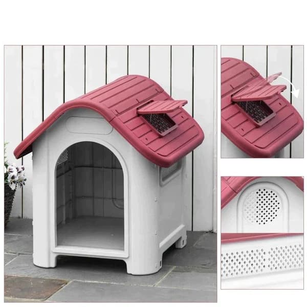 Rootz Dog House - Utomhus hundhus med tak - Luckport - Shelter för små hundar - Pen Air Circulation - Vattentät - Röd/Ljusgrå - 59 x 75 x 66 cm