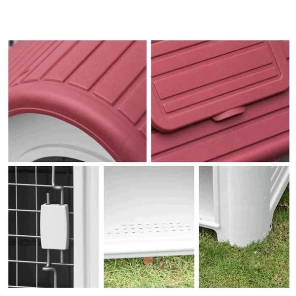 Rootz Dog House - Utomhus hundhus med tak - Luckport - Shelter för små hundar - Pen Air Circulation - Vattentät - Röd/Ljusgrå - 59 x 75 x 66 cm