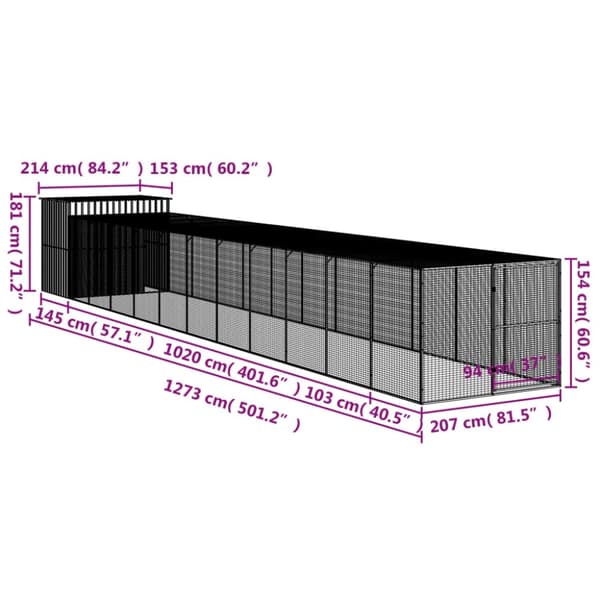 vidaXL hundehus med løbegård 214x1273x181 cm galvaniseret stål lysegrå