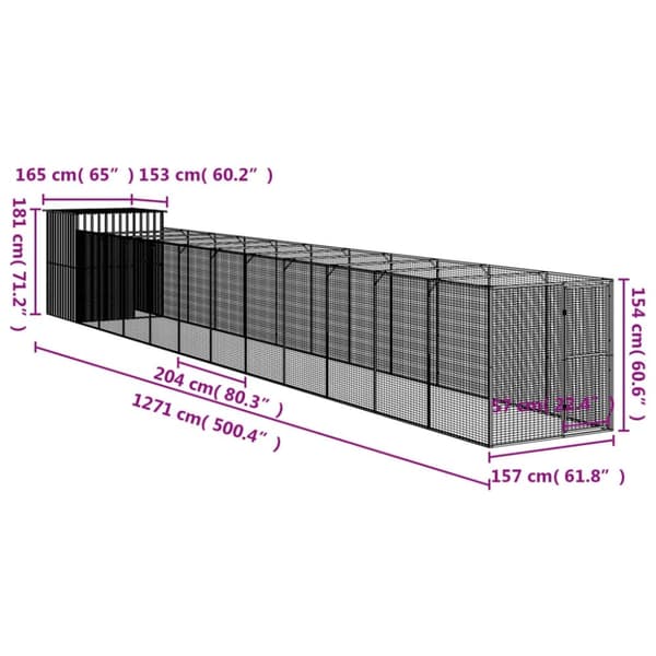 vidaXL hundehus med løbegård 165x1271x181 cm galvaniseret stål lysegrå
