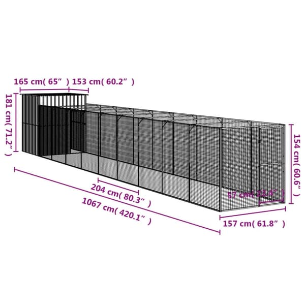 vidaXL Hundehus med tak lysegrå 165x1067x181 cm galvanisert stål