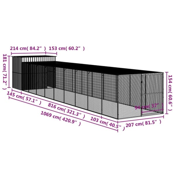 vidaXL Hundehus med tak lysegrå 214x1069x181 cm galvanisert stål