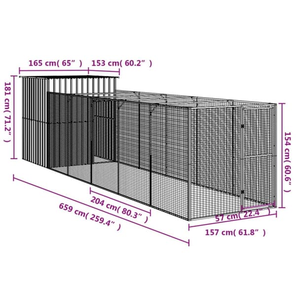 vidaXL Hundehus med tak lysegrå 165x659x181 cm galvanisert stål