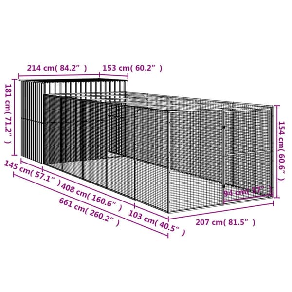 vidaXL Hundehus med gård antrasitt 214x661x181 cm galvanisert stål