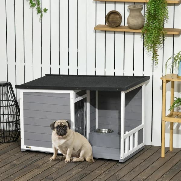 Rootz massivträ hundkennel - med 2 matskålar - Veranda - Väderbeständig - Grå + Vit - 103cm x 62cm x 66cm