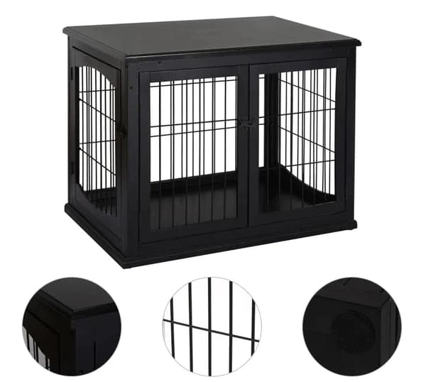 Rootz hundtransportlåda - ventilerad hundlåda - hundhus - reselåda för husdjur - bärbar husdjursbärare - MDF trä och järn - modern design - svart - 58