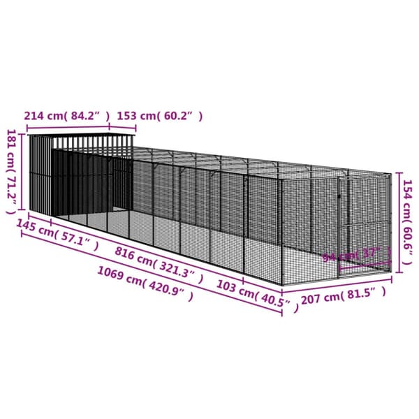 hundehus m. løbegård 214x1069x181 cm galvaniseret stål antracit