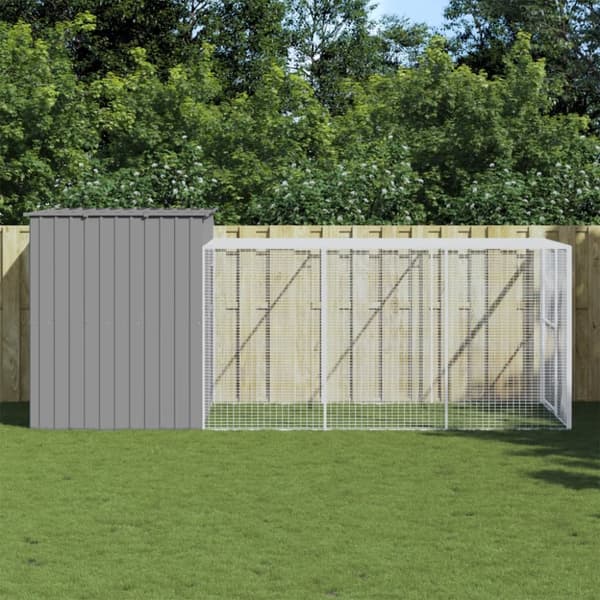 hundehus med løbegård 214x457x181 cm galvaniseret stål lysegrå