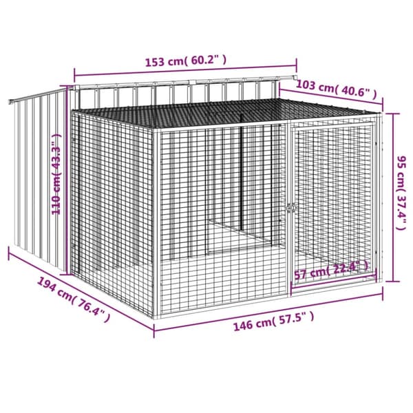 vidaXL hundehus m. løbegård 153x194x110 cm galvaniseret stål antracit