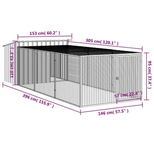 vidaXL Koirankoppi/ulkotila antrasiit 153x396x110 cm galvanoitu teräs