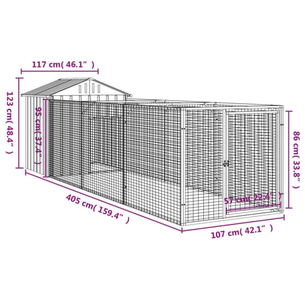hundehus med tag 117x405x123 cm galvaniseret stål antracitgrå