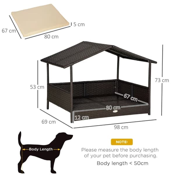 Rootz Rattan Hundehus Med Pude - Husformet Hundeseng - Udendørs Hundehus - Stålramme - PP - Kaffebrun - 69 x 98 x 70 cm