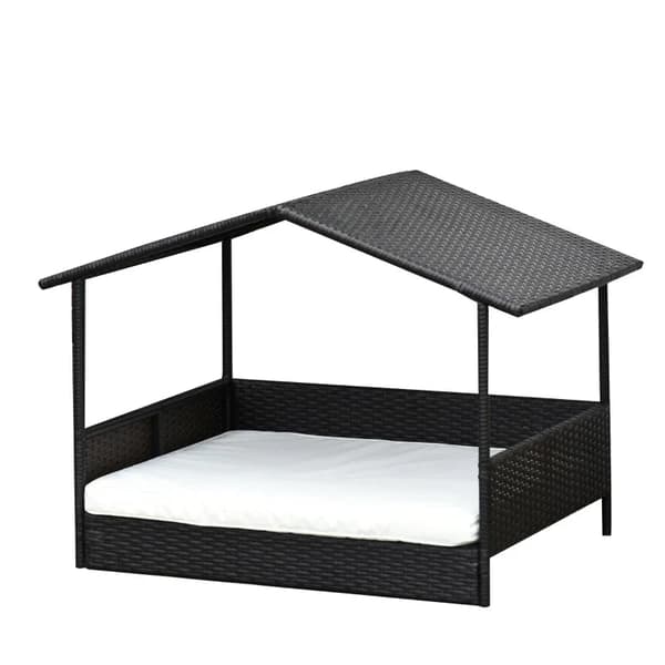 Rootz Rattan Hundehus Med Pude - Husformet Hundeseng - Udendørs Hundehus - Stålramme - PP - Kaffebrun - 69 x 98 x 70 cm