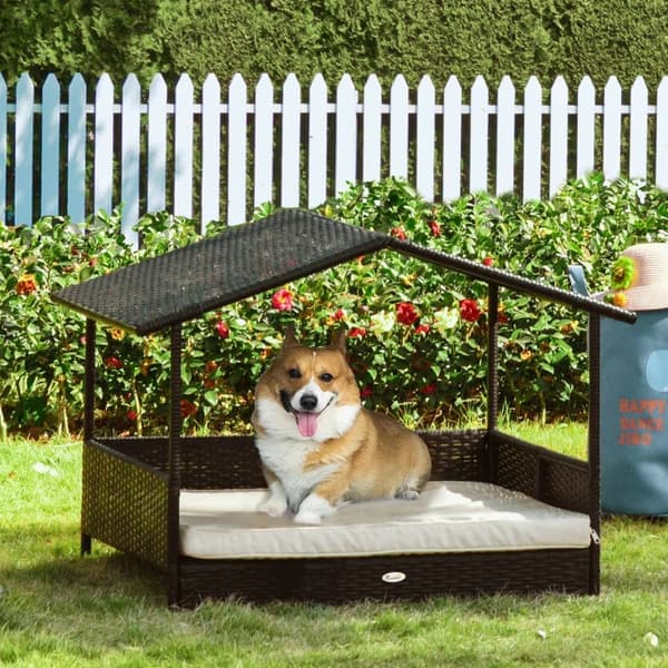 Rootz Rattan Hundehus Med Pude - Husformet Hundeseng - Udendørs Hundehus - Stålramme - PP - Kaffebrun - 69 x 98 x 70 cm