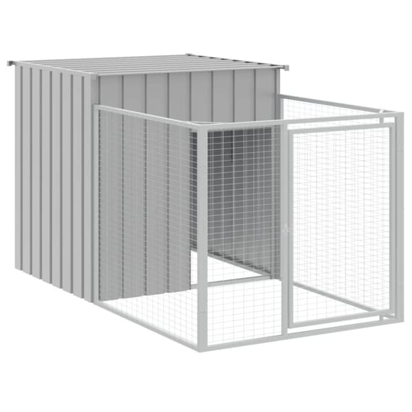 vidaXL hundehus med løbegård 110x609x110 cm galvaniseret stål lysegrå - Hundehuse
