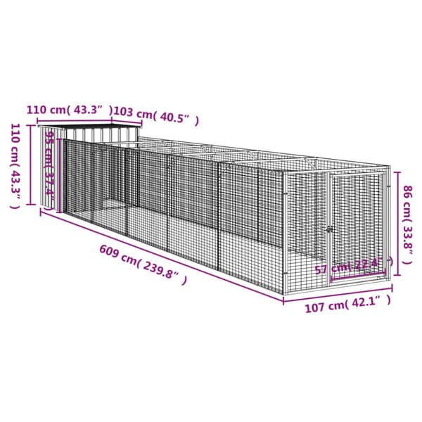 vidaXL hundehus med løbegård 110x609x110 cm galvaniseret stål lysegrå - Hundehuse