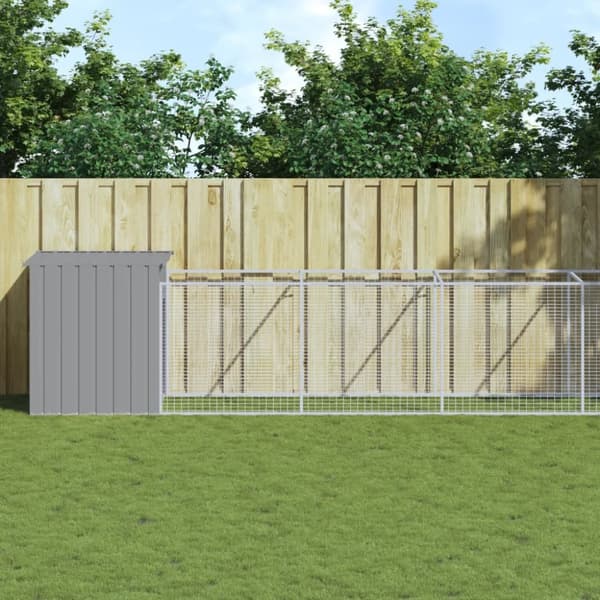 vidaXL hundehus med løbegård 110x609x110 cm galvaniseret stål lysegrå -  Hundehuse