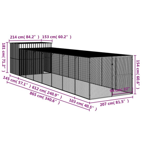 vidaXL hundehus med løbegård 214x865x181 cm galvaniseret stål lysegrå - Hundehuse