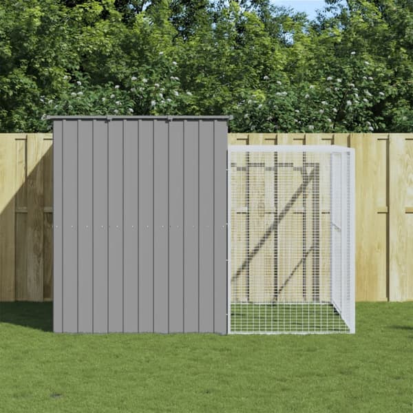 vidaXL hundehus med løbegård 214x253x181 cm galvaniseret stål lysegrå - Hundehuse