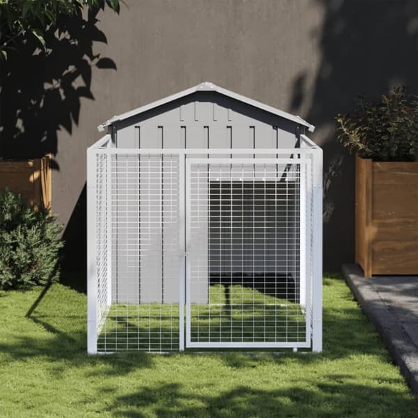 vidaXL hundehus med løbegård 117x201x123 cm galvaniseret stål lysegrå -  Hundehuse