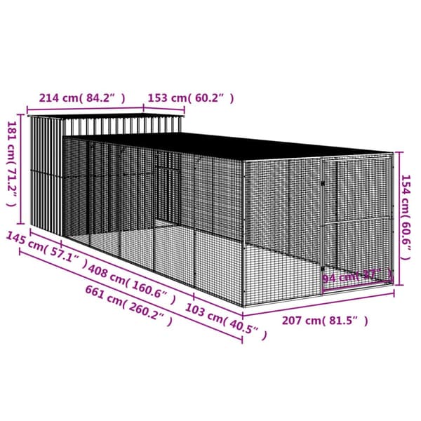 vidaXL hundehus med løbegård 214x661x181 cm galvaniseret stål antracit - Hundehuse