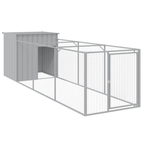vidaXL hundehus med løbegård 110x405x110 cm galvaniseret stål lysegrå -  Hundehuse