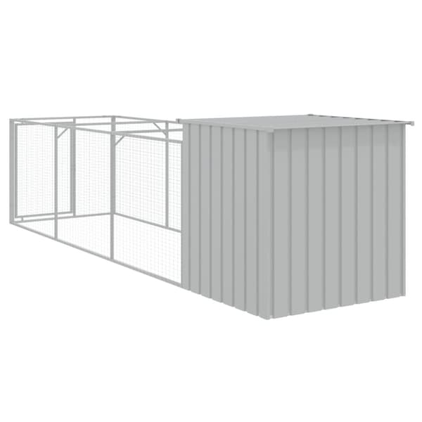 vidaXL hundehus med løbegård 110x405x110 cm galvaniseret stål lysegrå -  Hundehuse