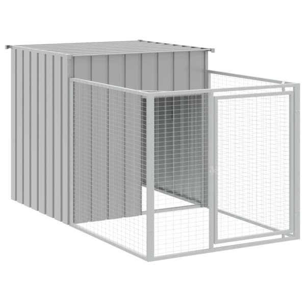 vidaXL hundehus med løbegård 110x405x110 cm galvaniseret stål lysegrå -  Hundehuse
