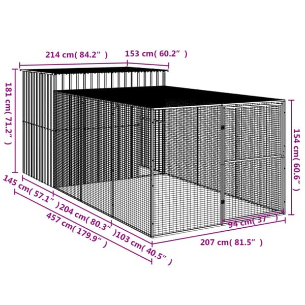 vidaXL hundehus med løbegård 214x457x181 cm galvaniseret stål antracit - Hundehuse