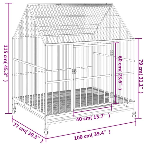 vidaXL hundebur med hjul galvaniseret stål sort -  Hundehuse
