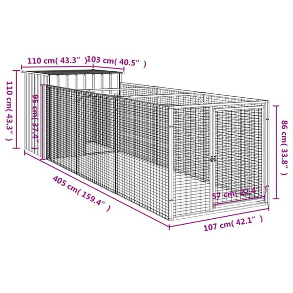 The Living Store hundehus med løbegård 110x405x110 cm galvaniseret stål antracit -  Hundehuse