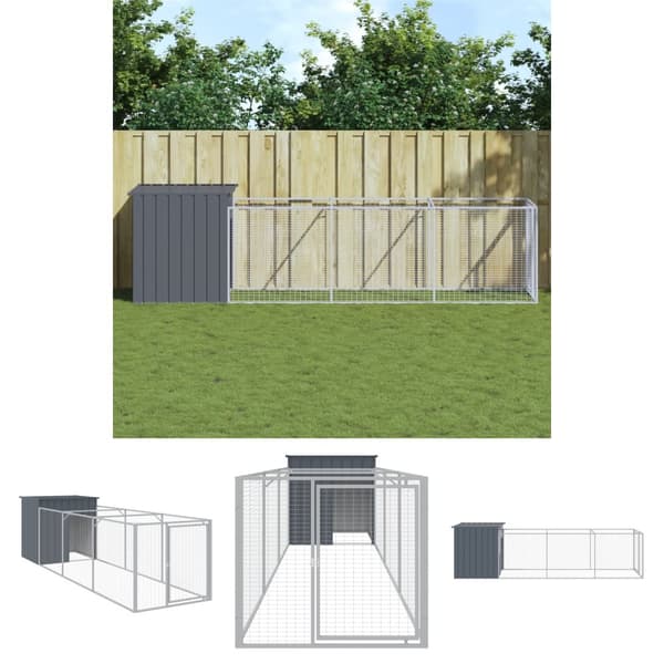 The Living Store hundehus med løbegård 110x405x110 cm galvaniseret stål antracit -  Hundehuse