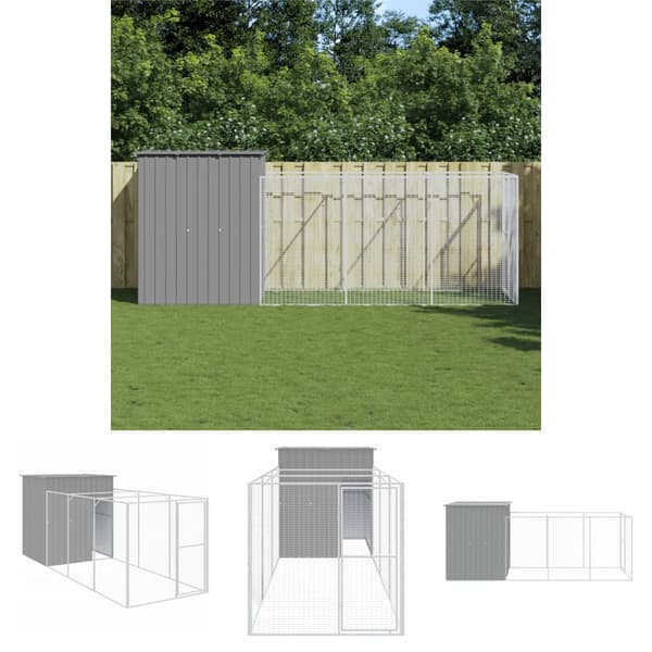 The Living Store hundehus med løbegård 165x455x181 cm galvaniseret stål lysegrå - Hundehuse