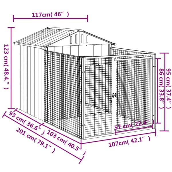 The Living Store hundehus med løbegård 117x201x123 cm galvaniseret stål antracit -  Hundehuse