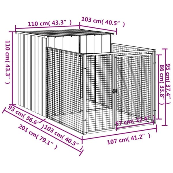 The Living Store hundehus med løbegård 110x201x110 cm galvaniseret stål lysegrå -  Hundehuse