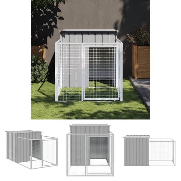 The Living Store hundehus med løbegård 110x201x110 cm galvaniseret stål lysegrå -  Hundehuse