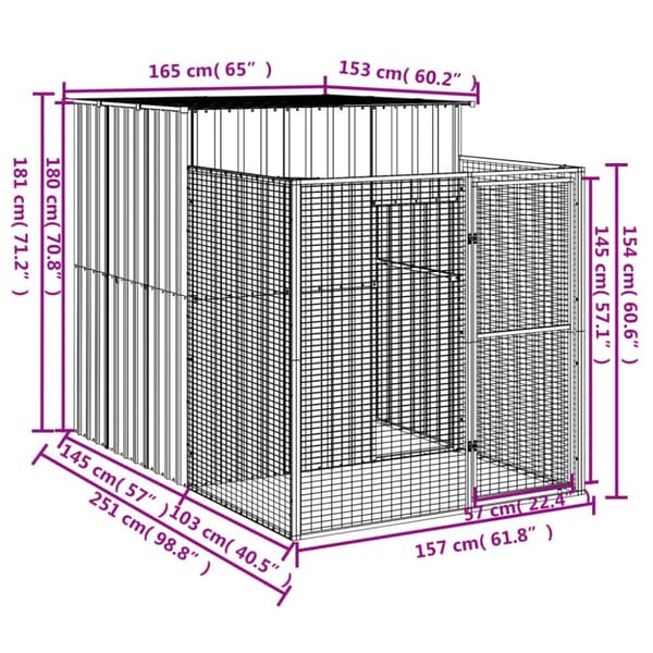 The Living Store hundehus med løbegård 165x251x181 cm galvaniseret stål lysegrå - Hundehuse