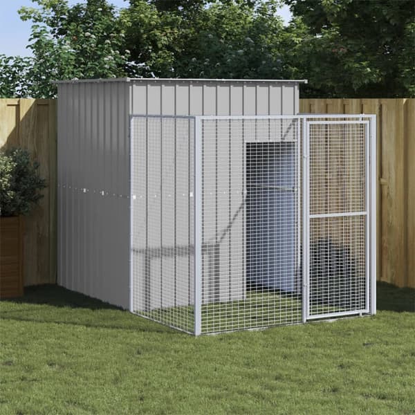 The Living Store hundehus med løbegård 165x251x181 cm galvaniseret stål lysegrå - Hundehuse