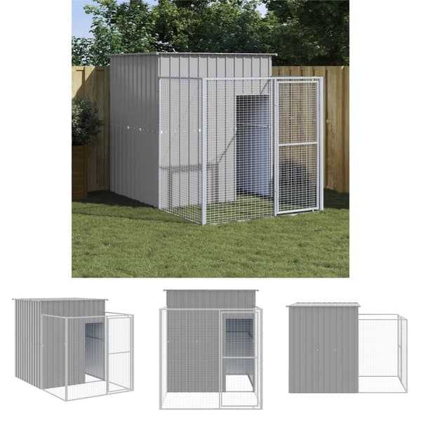 The Living Store hundehus med løbegård 165x251x181 cm galvaniseret stål lysegrå - Hundehuse