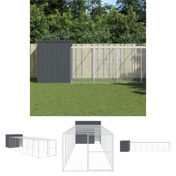 The Living Store hundehus med løbegård 214x865x181 cm galvaniseret stål antracit - Hundehuse