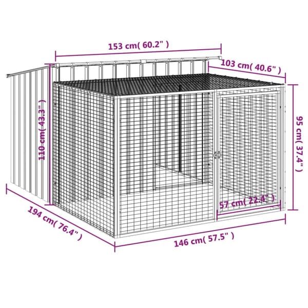 The Living Store hundehus m. løbegård 153x194x110 cm galvaniseret stål antracit - Hundehuse