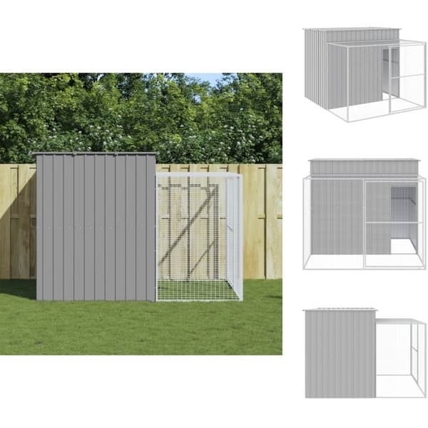 Hundehuse - Living hundehus med løbegård 214x253x181 cm galvaniseret stål lysegrå