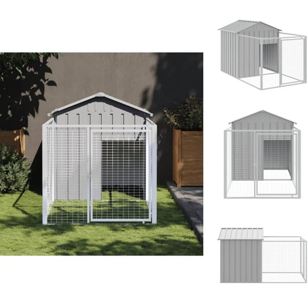 Hundehuse - Living hundehus med løbegård 117x201x123 cm galvaniseret stål lysegrå